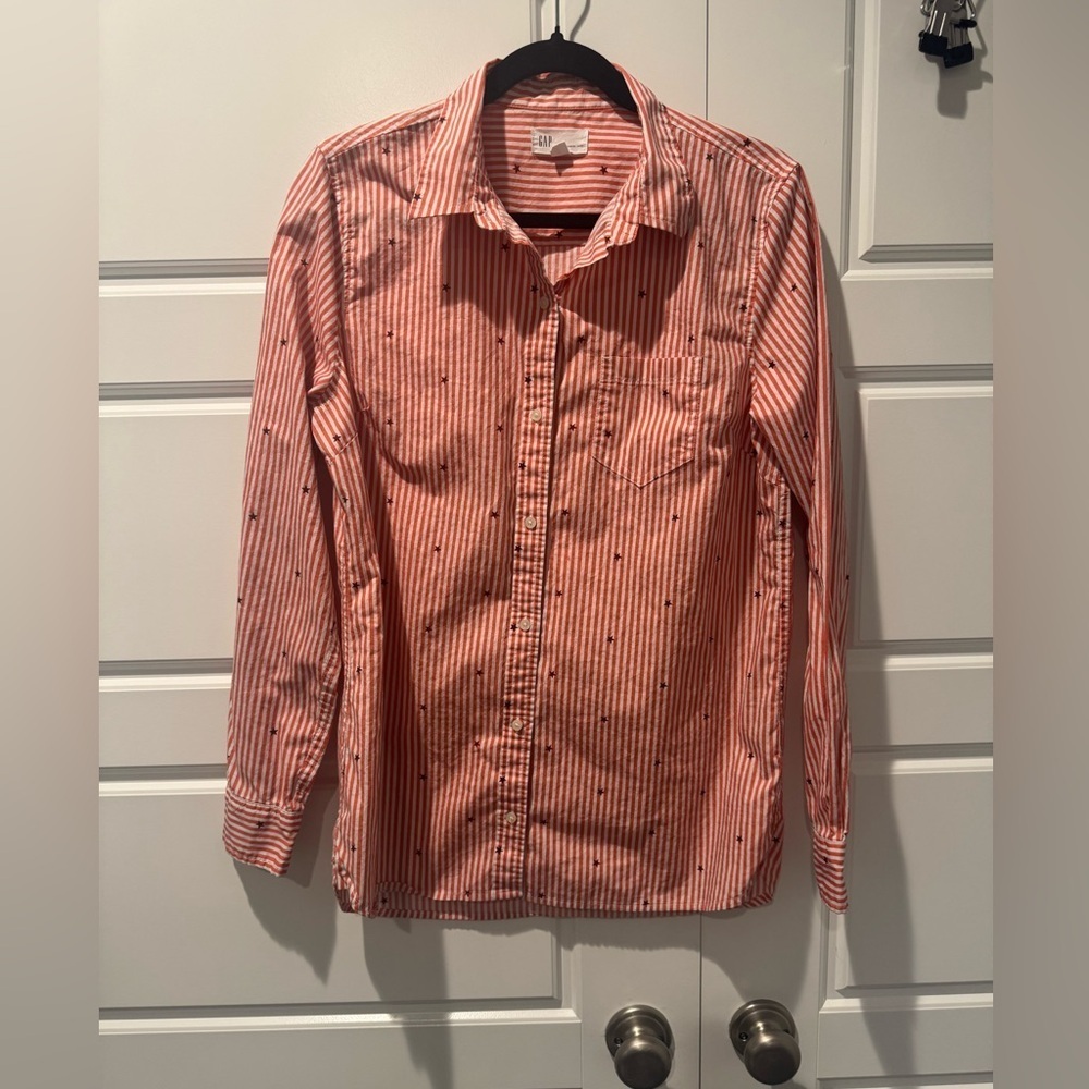 Gap Boyfriend Fit Striped Star Causal Button Down Shirt Womens Size Tall Medium